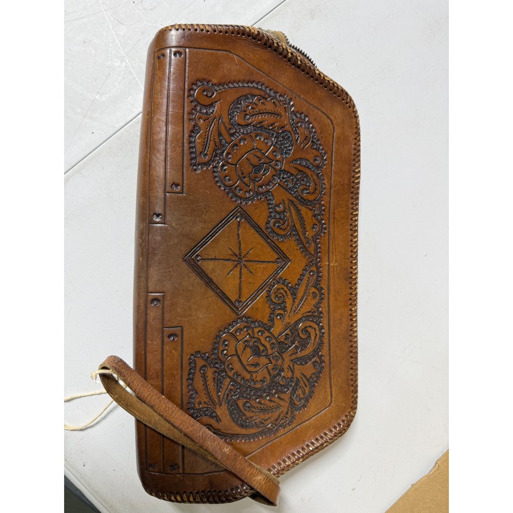 Vintage Hand Tooled Leather Floral Clutch Wristlet Boho Whipstitch Tan